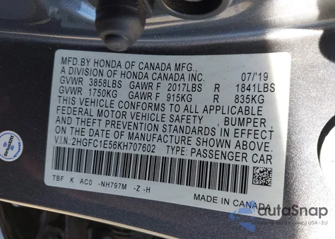 2019 Honda Civic Si z USA, uszkodzony, nr VIN 2HGFC1E56KH707602